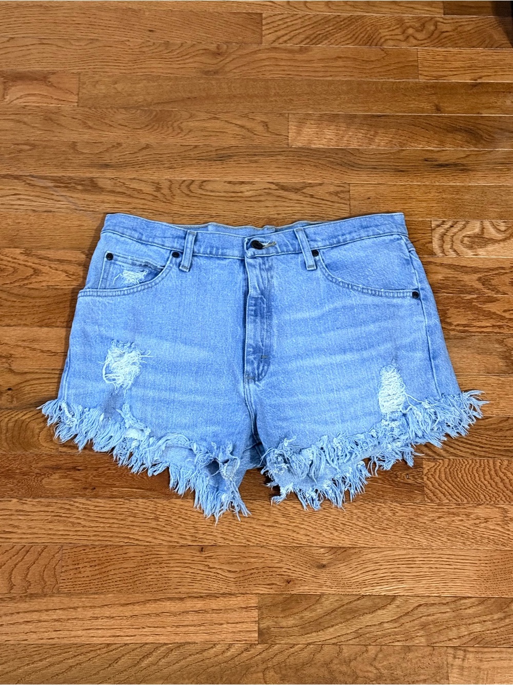 Wrangler Light Blue Frayed High-Rise Denim Shorts